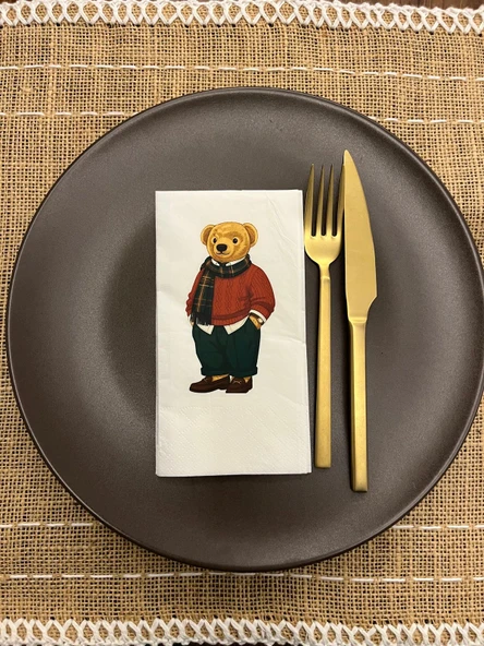 Kırmızı Gömlekli Sevimli Ayı Baskılı Peçete Beyaz 16 Adet ürün görseli