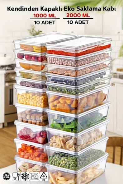 20'li Set Kendinden Kapaklı Derin Dondurucuya Uygun Saklama Kabı 1 Lt. ve 2 Lt. ürün görseli
