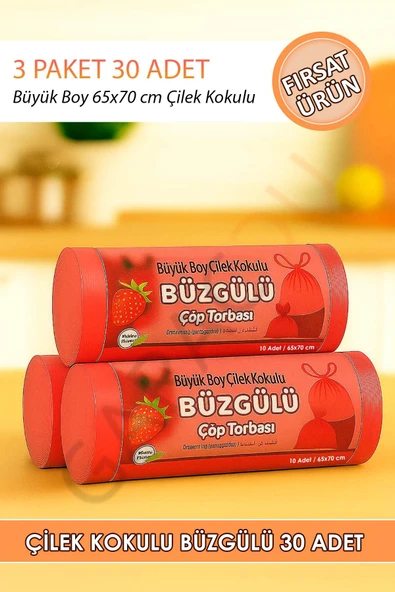 Büyük Boy Çilek Kokulu Büzgülü 65x70 Cm Çöp Poşeti Torbası 3 Paket - 30 Adet ürün görseli
