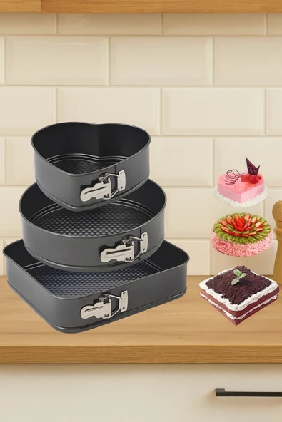 Yüksek Kalite Karbon Çelik 3 Parça 22-24-26cm Kalp Yuvarlak Kare kek pasta kalıbı paslanmaz ürün görseli