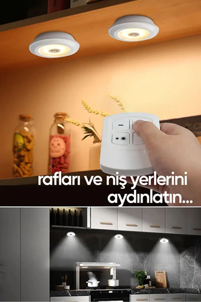 Pilli Uzaktan Kumandalı Montajsız Yapışkanlı 3'lü Spot LED Işık Lamba Raf Niş Dolap Mutfak Işığı ürün görseli