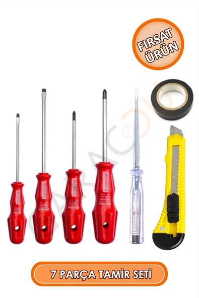 7 Parça Tamir Seti  4'lü Tornavida Kontrol Kalemi Maket Bıçağı Elektrik Bandı Komple Set ürün görseli