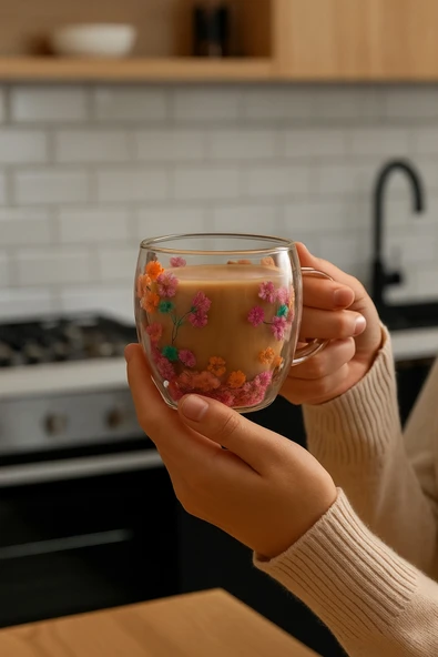 Isıya Dayanıklı Borosilikat Çift Çidarlı Flower Cup Çiçekli Bardak - Resim 2