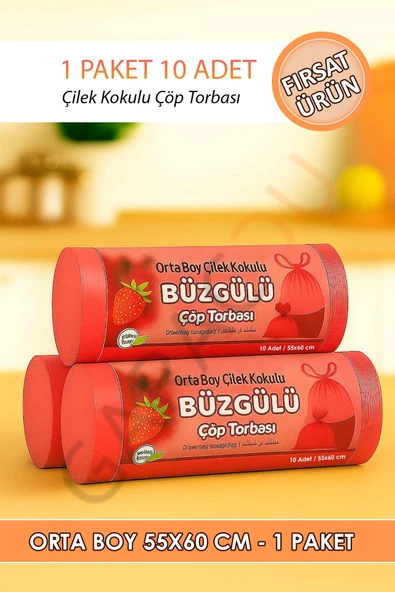 Çilek Kokulu Büzgülü Çöp Torbası 10'lu 1 Paket - Orta Boy 55x60 Cm ürün görseli