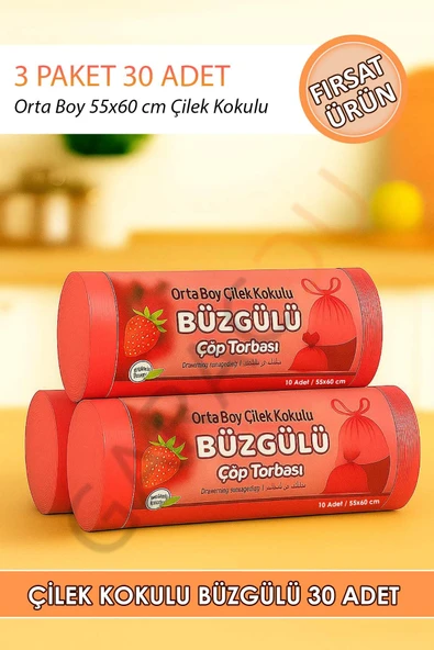 Orta Boy Çilek Kokulu Büzgülü 55x60 Cm Çöp Poşeti Torbası 3 Paket - 30 Adet ürün görseli