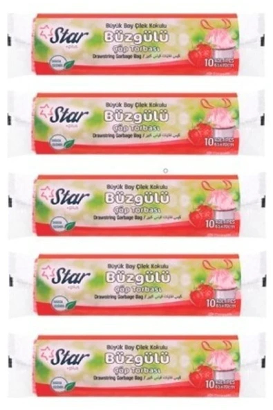 Büzgülü Çöp Torbası / Poşeti - Büyük Boy 65x70 - Çilek Kokulu - 5 Rulo = 50' Li ürün görseli