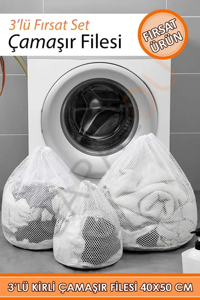 Kirli Çamaşır Filesi 3 Adet Asker Öğrenci Tül Yıkama Temizlik Torbası 40x50 Cm ürün görseli