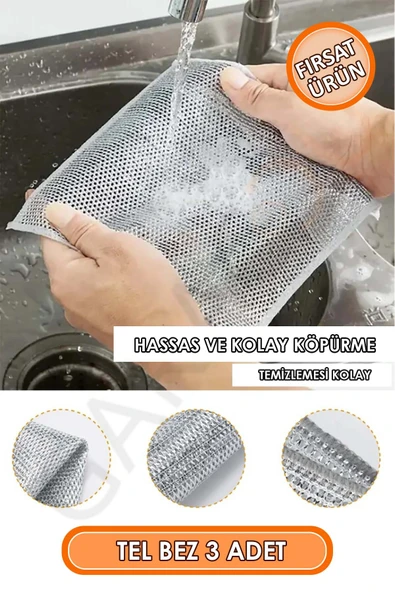 Çizdirmez Bulaşık Teli Süngeri, Banyo Lavabo Ovucu Tel, Çift Katmanlı Çok Amaçlı Tel Bez 3 Adet - Resim 2