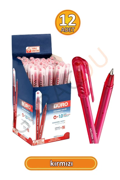 Büro 1.0 mm Kaliteli Kırmızı Tükenmez Kalem 12 Adet - Resim 2