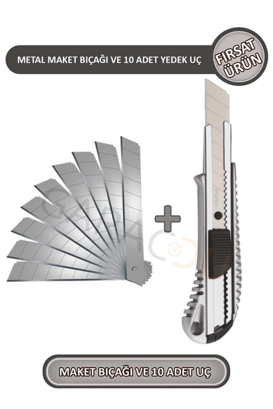 Metal Profesyonel Maket Bıçağı Falçata Ve 10 Adet Yedek Bıçak Büyük Boy - Fırsat Ürün - Resim 2