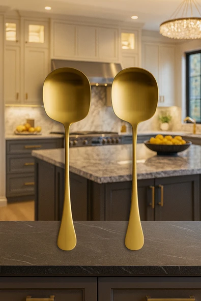 2 Boy Paslanmaz Gold Çelik Lüx Servis Salata Kaşığı Spatula Çelik Yemek Servis Kaşığı ürün görseli