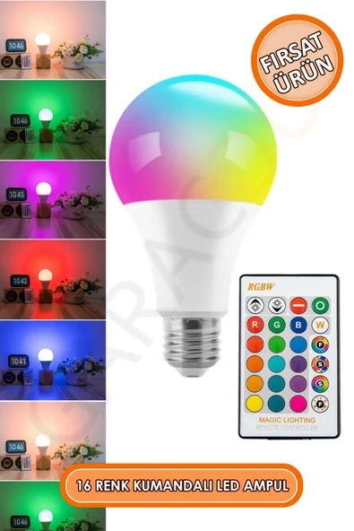 Uzaktan Kumandalı Renk Değiştiren Led Ampul Beyaz Dahil 16 Renk Seçenekli Renkli Gece Lambası ürün görseli