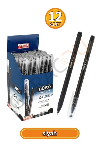 Büro 1.0 mm Kaliteli Siyah Tükenmez Kalem 12 Adet ürün görseli