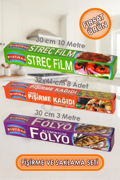 Yemek Pişirme ve Saklama Seti Streç Film + Yağlı Pişirme Kağıdı + Alüminyum Folyo 3'lü Set ürün görseli