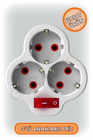 3 lü Anahtarlı Topraklı Kablosuz Golyat Priz Çoğaltıcı 1 Adet, Anahtarlı Üçlü Piriz ürün görseli