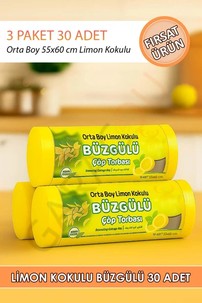 Orta Boy Limon Kokulu Büzgülü 55x60 Cm Kalın Çöp Poşeti Torbası 3 Paket - 30 Adet ürün görseli