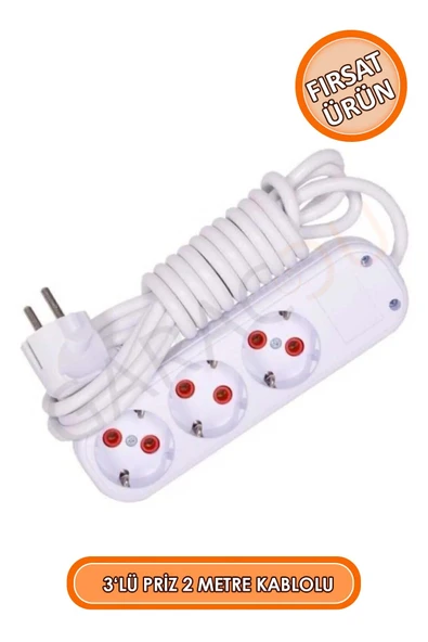 3'lü Topraklı Priz 2 Metre Uzatma Kablolu Seyyar Üçlü Grup Priz - 1. Kalite ürün görseli