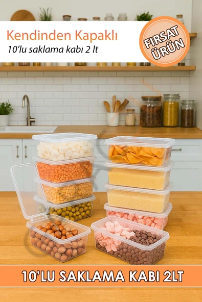 10'lu 2 Lt. Kendinden Kapaklı Derin Dondurucuya Difrize Uygun Saklama Kabı Dolap Düzenleyici ürün görseli