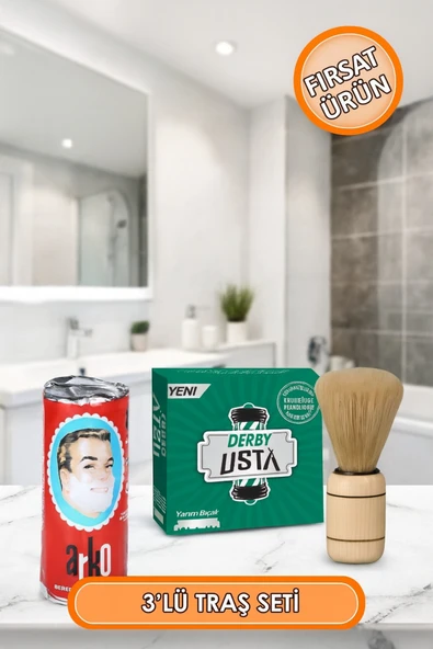 Fırsat 3'lü Traş Seti Ahşap Saplı Sakal Fırçası + Tıraş Sabunu + 100'lü Yarım Jilet 3'lü Fırsat Set ürün görseli