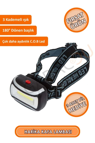 Kaliteli 200 Lümen Led Kafa Lambası, Cob Teknolojili Led, Flaşörlü Kafa Lambası 3 Adet Pil Hediyeli ürün görseli