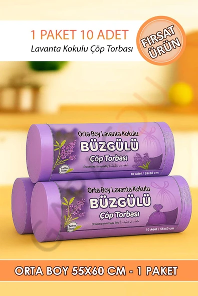 Lavanta Kokulu Büzgülü Çöp Torbası 10'lu 1 Paket - Orta Boy 55x60 Cm ürün görseli