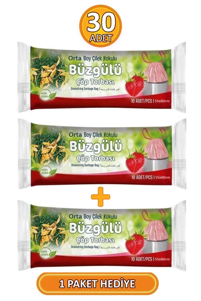 Orta Boy Çilek Kokulu Büzgülü 55x60 Cm Çöp Poşeti Torbası 3 Paket - 30 Adet - Resim 2