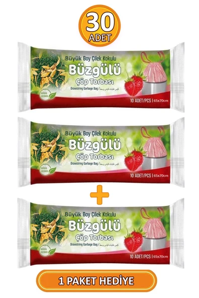 Büyük Boy Çilek Kokulu Büzgülü 65x70 Cm Çöp Poşeti Torbası 3 Paket - 30 Adet - Resim 2