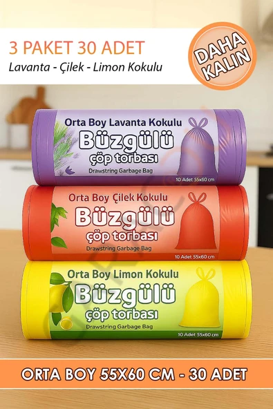30 Adet Orta Boy Kokulu Büzgülü Çöp Poşetleri Limon Çilek Ve Lavanta Kokulu Çöp Torbaları 55x60 Cm ürün görseli