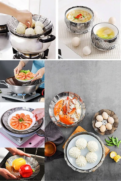 Uzun Ömürlü Paslanmaz Buharda Sebze Haşlama Sepeti Katlanabilir Tencere Içi - Resim 2