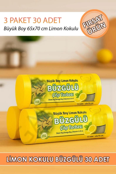 Büyük Boy Limon Kokulu Büzgülü 65x70 Cm Çöp Poşeti Torbası 3 Paket - 30 Adet ürün görseli