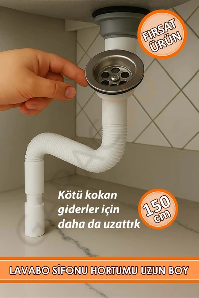 Lavabo Ve Evye Sifonu 150 Cm Körüklü Lavabo Evye Hortumu Pis Su Gideri Borusu ürün görseli