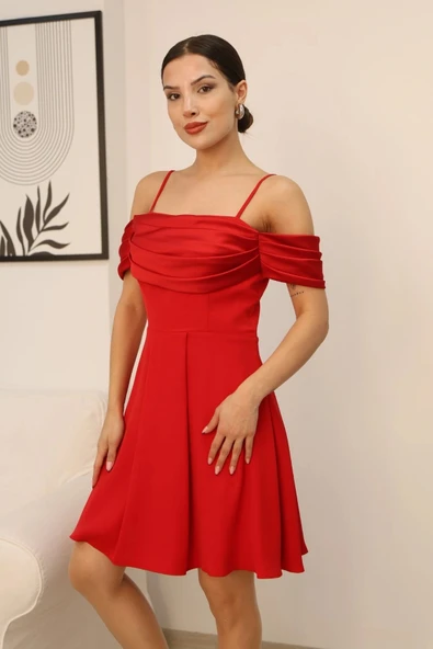 Drape Detaylı Askılı Midi Elbise 2380-Kırmızı - Resim 5