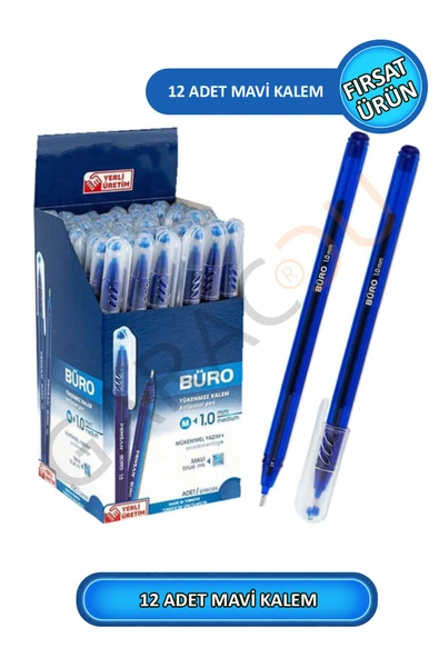 Büro 1.0 mm Kaliteli Mavi Tükenmez Kalem 12 Adet ürün görseli
