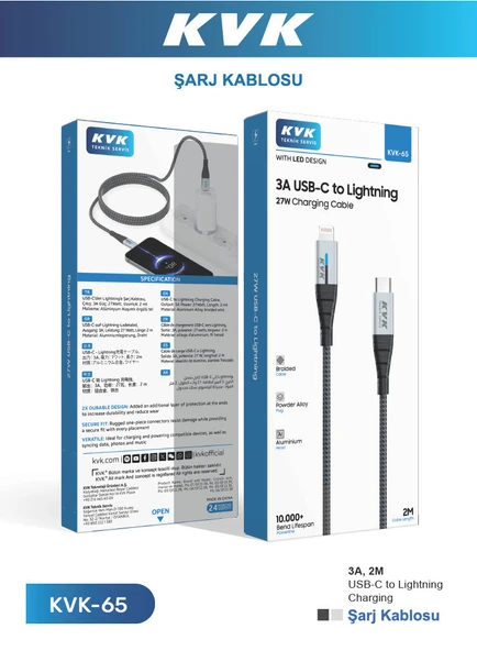 KVK 3A USB-C TO LIGHTINING 27W 2M HIZLI ŞARJ KABLOSU ürün görseli 1