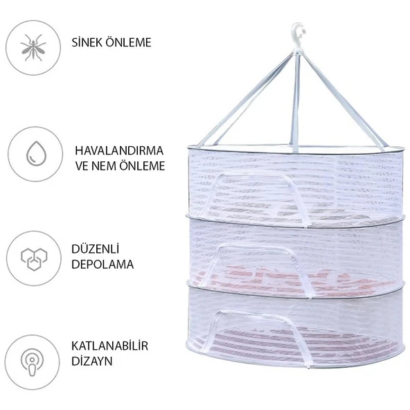 Üç Raflı Bölmeli Açık Havada Güneşte Bitki Meyve Sebze Balık Kurutma Filesi Askısı Aparatı Aleti - Resim 3