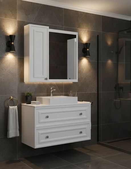 Perge 100 Cm Lavabo Dolabı Mat Beyaz Led Ayna ve Ayna yan dolap Seti - Resim 2