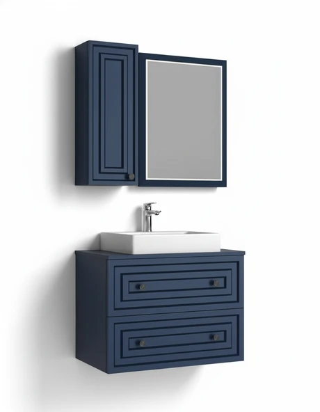 Perge 80 Cm Lavabo Dolabı Mat Safir Blue Led Ayna ve Ayna Yan Dolap Seti ürün görseli