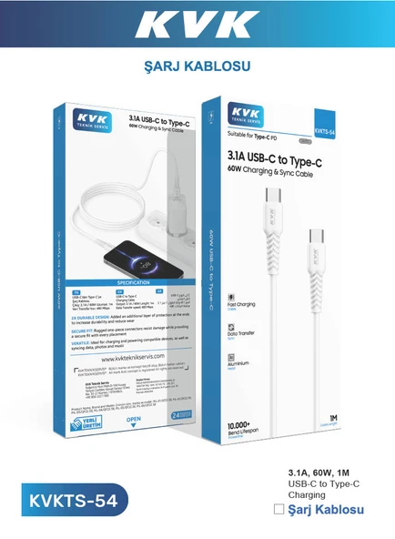 KVK USB-C TO TYPE-C 3.1A 60W 1M HIZLI ŞARJ KABLOSU ürün görseli 1