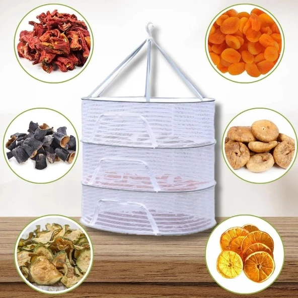 Üç Raflı Bölmeli Açık Havada Güneşte Bitki Meyve Sebze Balık Kurutma Filesi Askısı Aparatı Aleti - Resim 7