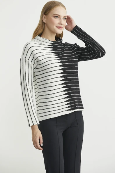 Dik Yaka Kontrast Triko Kazak - Kemik - Resim 4