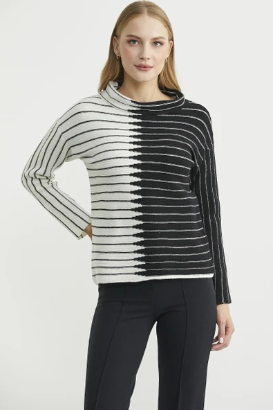 Dik Yaka Kontrast Triko Kazak - Kemik - Resim 2