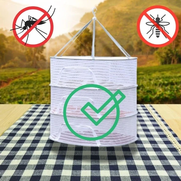 Üç Raflı Bölmeli Açık Havada Güneşte Bitki Meyve Sebze Balık Kurutma Filesi Askısı Aparatı Aleti - Resim 6