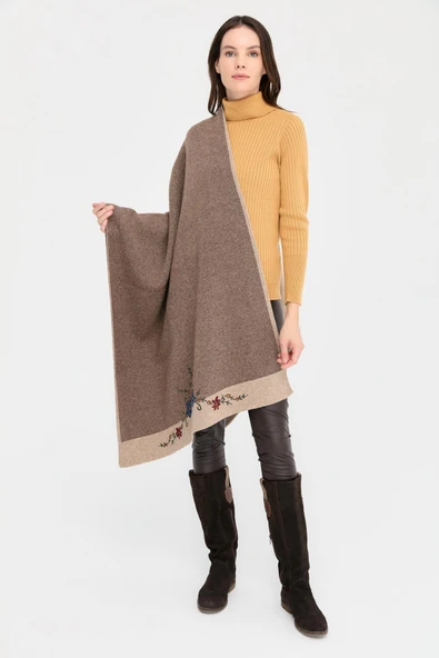 24055 DESEN TRİKO İKİ KENARI BORDÜRLÜ ÜÇ ÇİÇEKLİ MAKİNE NAKIŞ İŞLEMELİ ŞAL - Resim 3