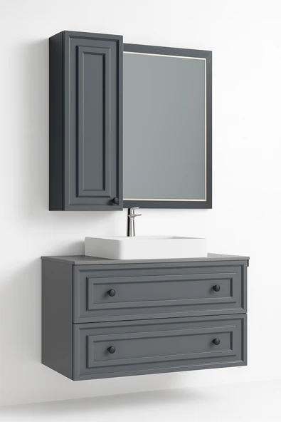 Perge 100 Cm Lavabo Dolabı Mat Gri Led Ayna ve Ayna Yan Dolap Seti - Resim 2