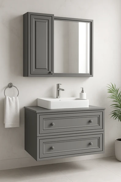 Perge 100 Cm Lavabo Dolabı Mat Gri Led Ayna ve Ayna Yan Dolap Seti ürün görseli