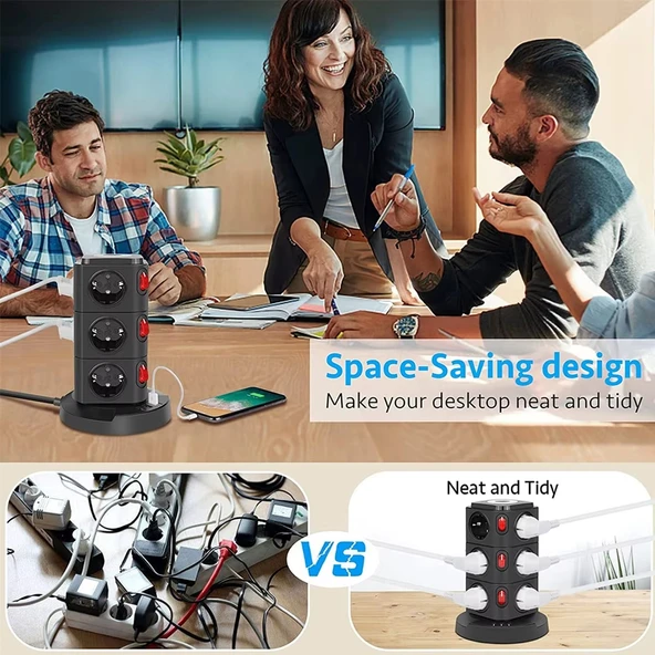 12'li Akım Korumalı Kule Priz Kablosuz Şarj İstasyonu 1-USB 2-TYPE-C - Resim 2