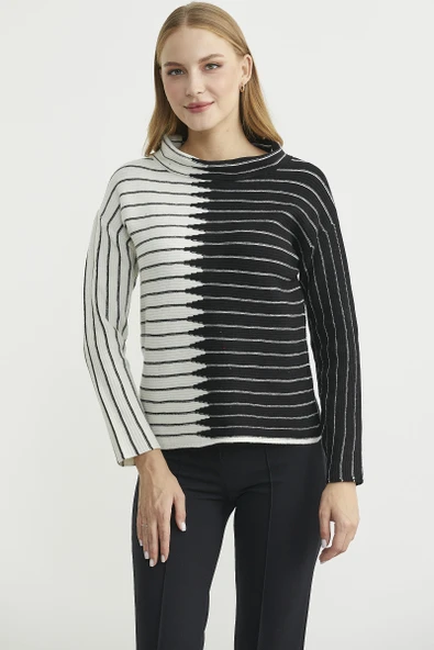 Dik Yaka Kontrast Triko Kazak - Kemik - Resim 5