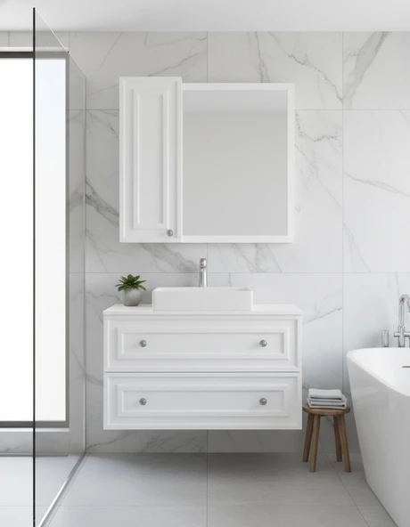 Perge 100 Cm Lavabo Dolabı Mat Beyaz Led Ayna ve Ayna yan dolap Seti - Resim 3