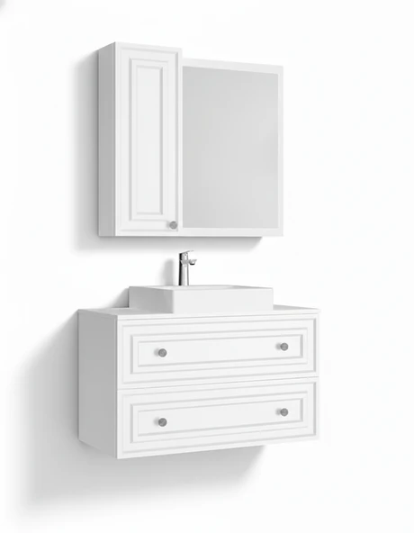 Perge 100 Cm Lavabo Dolabı Mat Beyaz Led Ayna ve Ayna yan dolap Seti ürün görseli