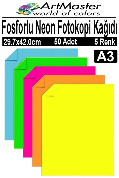 Fosforlu Neon Renkli A3 Fotokopi Kağıdı 50 Adet 1 Paket Fosforlu 5 Renk Parlak Canlı Renkler Neon Fotokopi Kağıdı ürün görseli